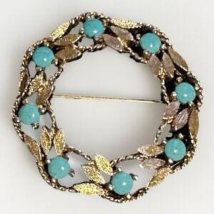 Vintage Panetta Circle Wreath Pin Gold Tone & Turquoise